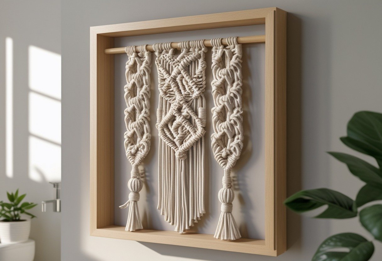 A framed macramé wall hanging displayed in a shallow shadowbox on a bathroom wall with soft natural light and subtle bathroom decor.