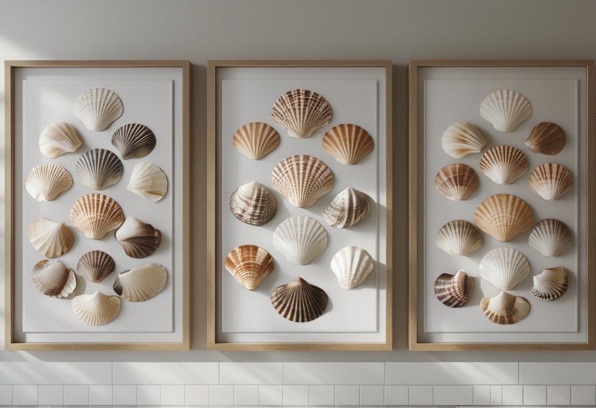 Three framed collages of seashells on a bathroom wall with linen mats.