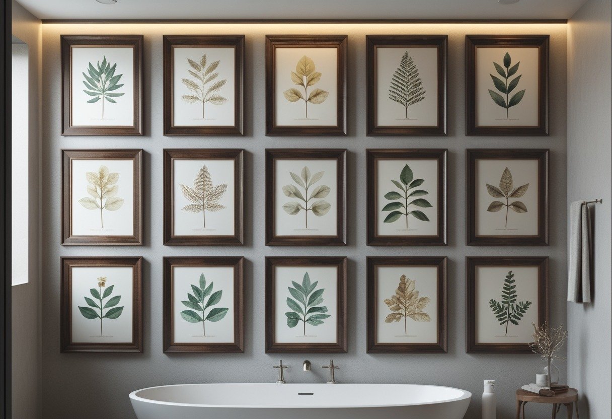 A bathroom wall decorated with fifteen framed botanical prints in dark wooden frames arranged in a grid.