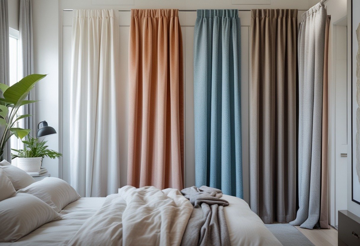 A bedroom with twelve different curtains used as closet door coverings, showing various fabrics and colors in a bright, organized space.