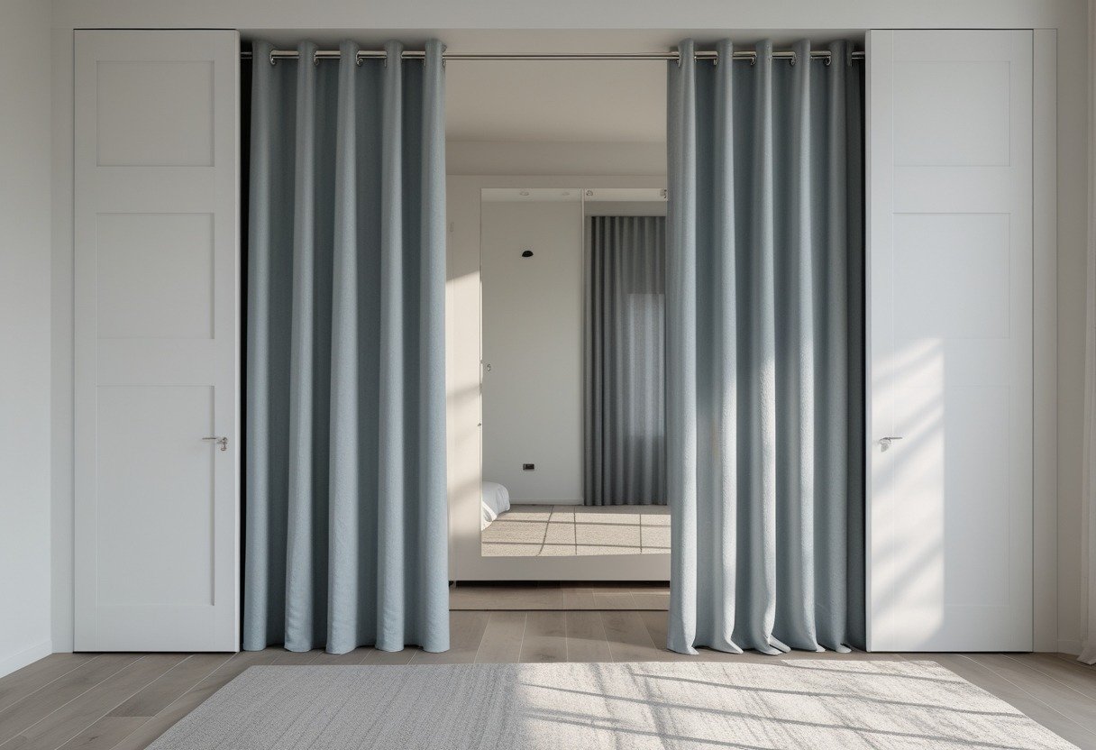 Closet doors covered by floor-to-ceiling dove gray linen panels hung on a ceiling-mounted rod in a bedroom.