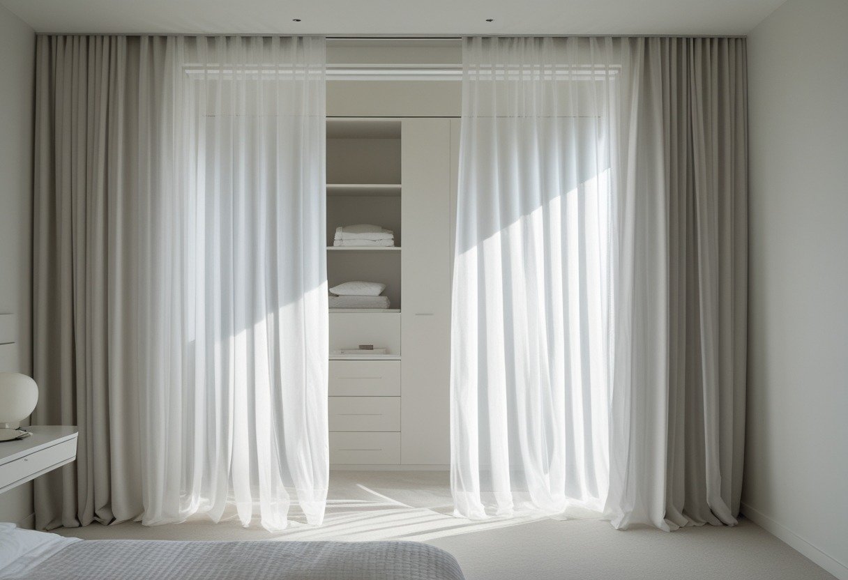 Closet opening covered by sheer white curtains in a softly lit bedroom.