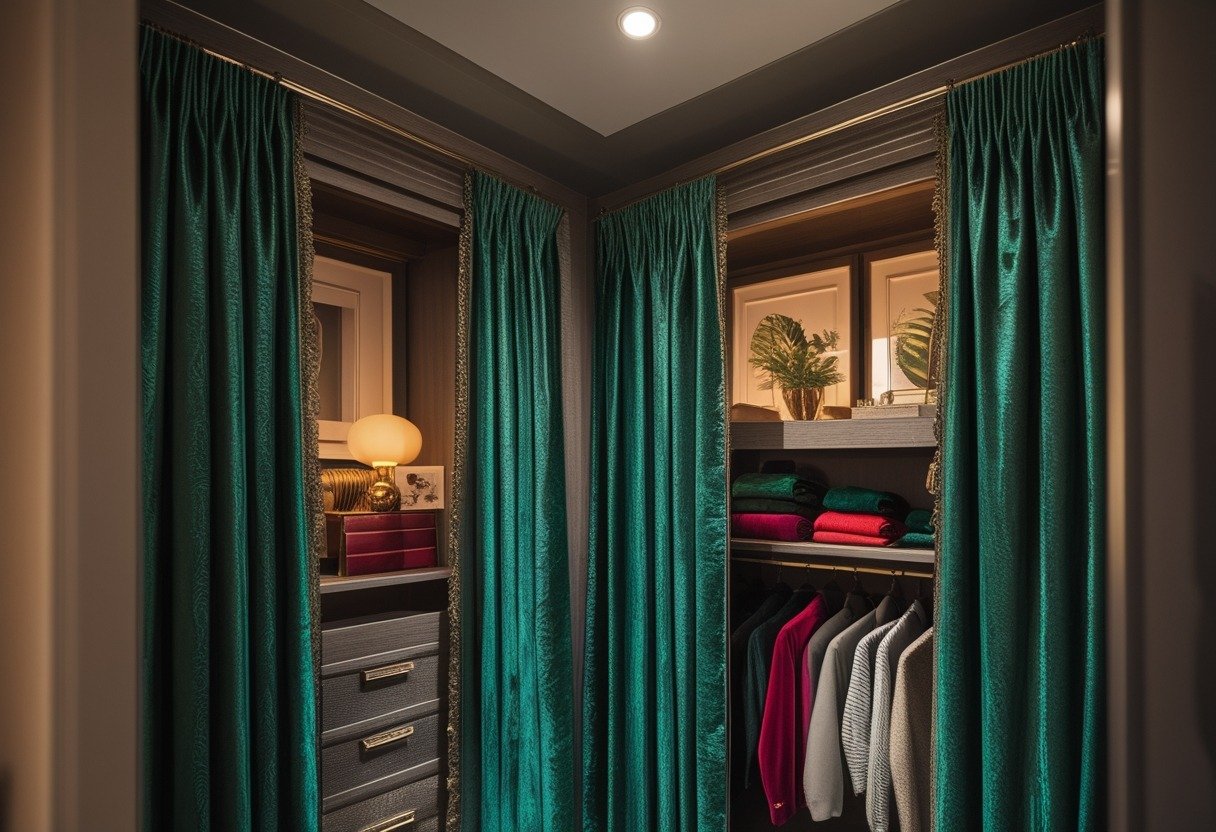A bedroom closet with patterned velvet drapes in rich jewel tones used as closet doors, showing organized clothing inside.