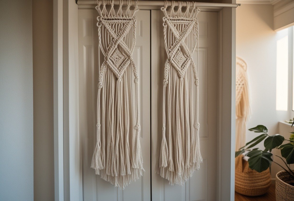 A closet door covered by a natural cotton macramé fringe curtain in a bedroom with wooden floor and simple decor.
