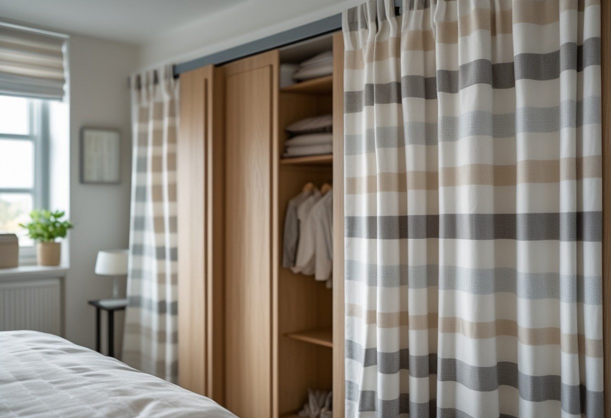 A bedroom with half-height closet doors covered by striped cotton café curtains, showing organized clothes inside.