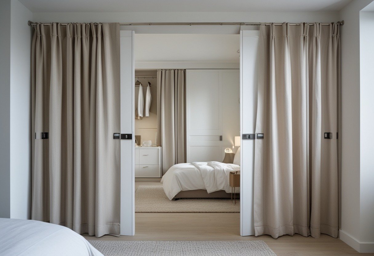 A bedroom with Roman-style fabric panels hanging as curtains over a closet door, showing magnetic closures for easy access.