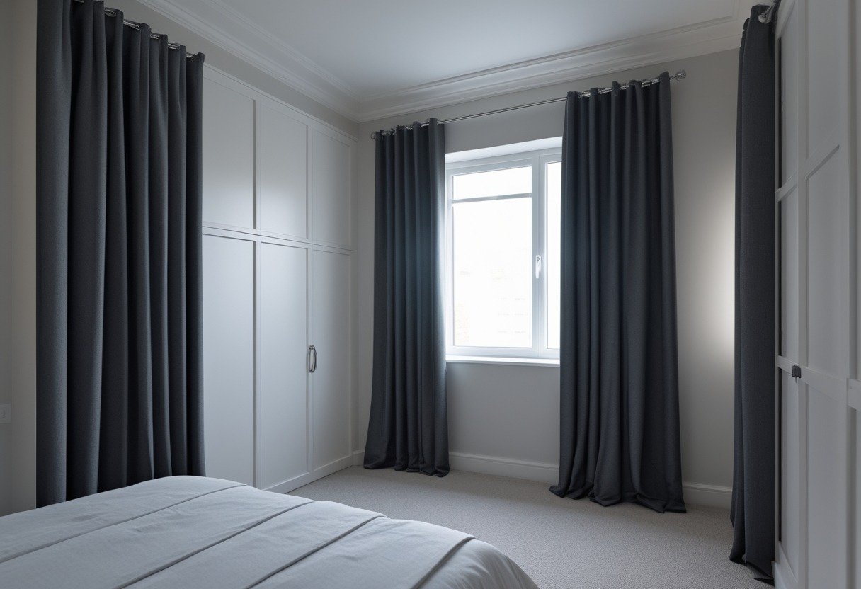A bedroom with charcoal blackout thermal curtains drawn over a window and closet doors visible in the background.