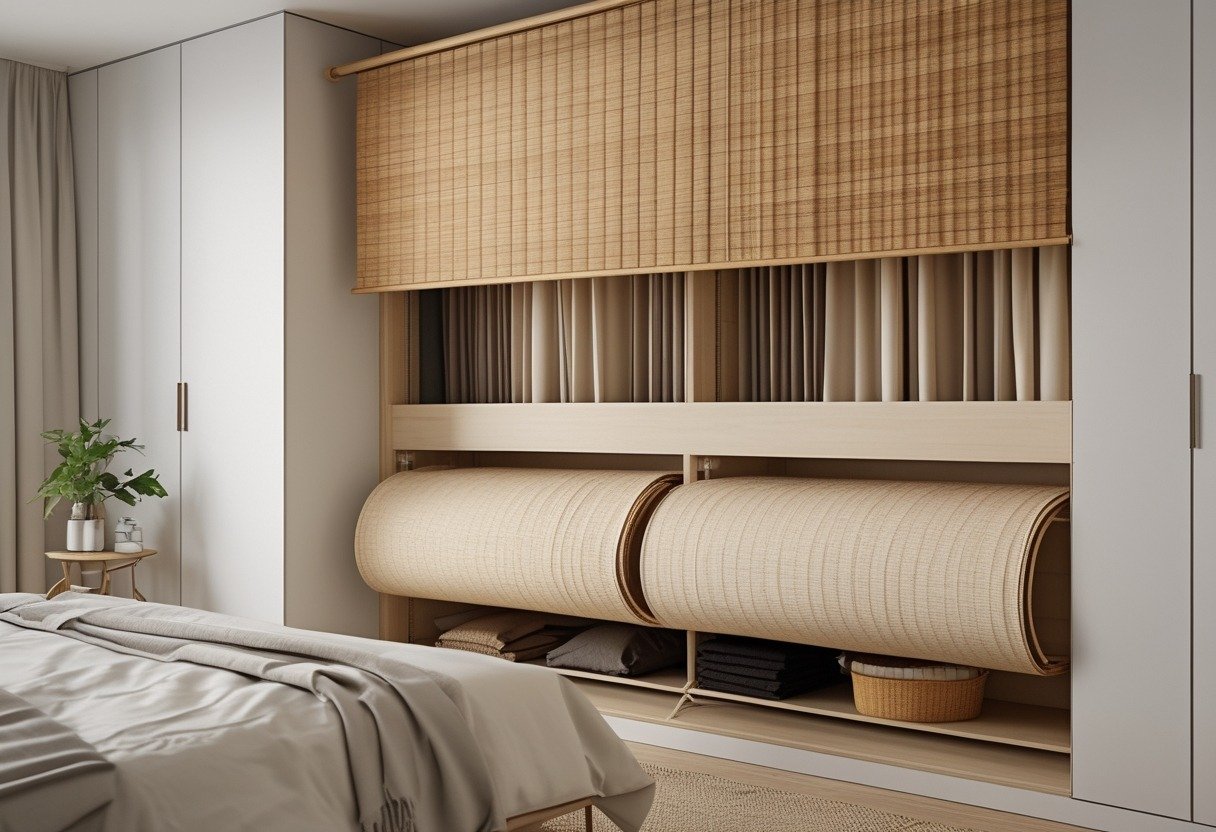 A bedroom closet with a bamboo roll-up shade partially rolled down, showing organized clothes inside.