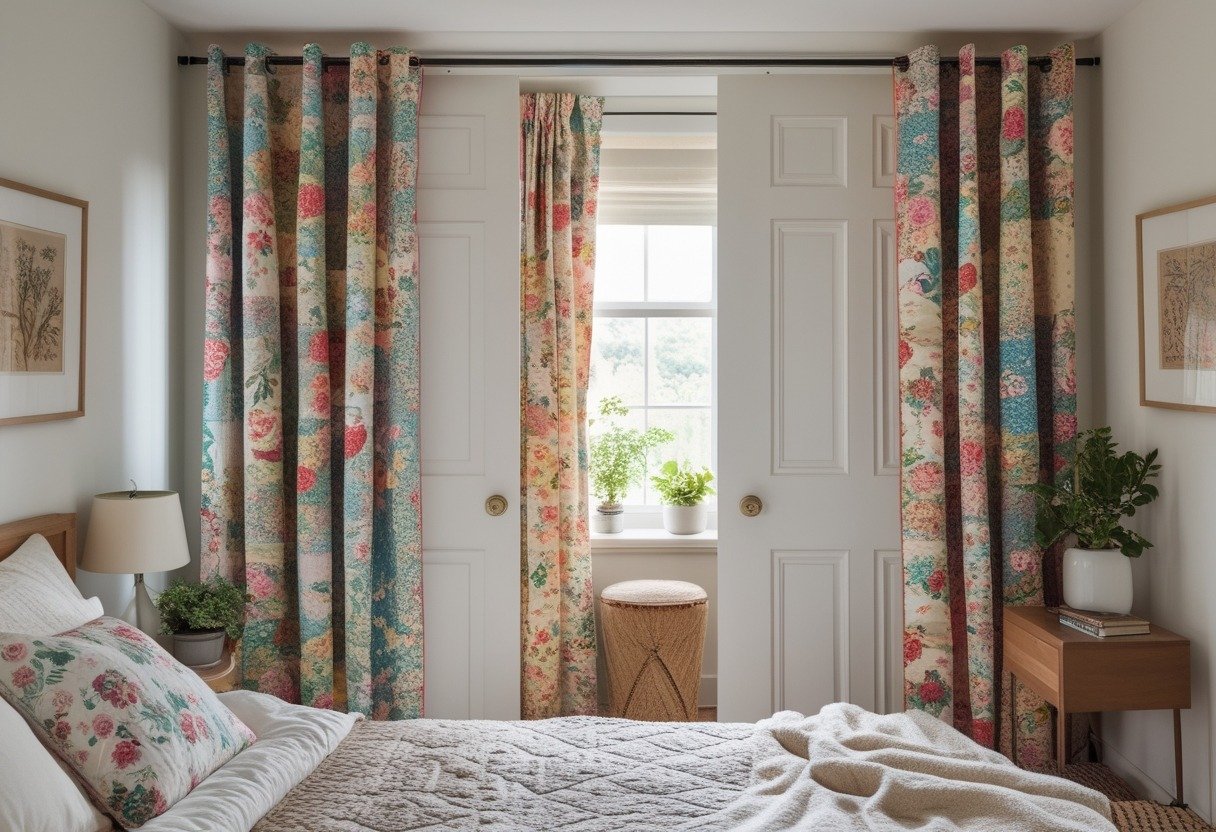 Closet doors covered with colorful patchwork floral curtains in a bedroom with a bed and nightstand nearby.