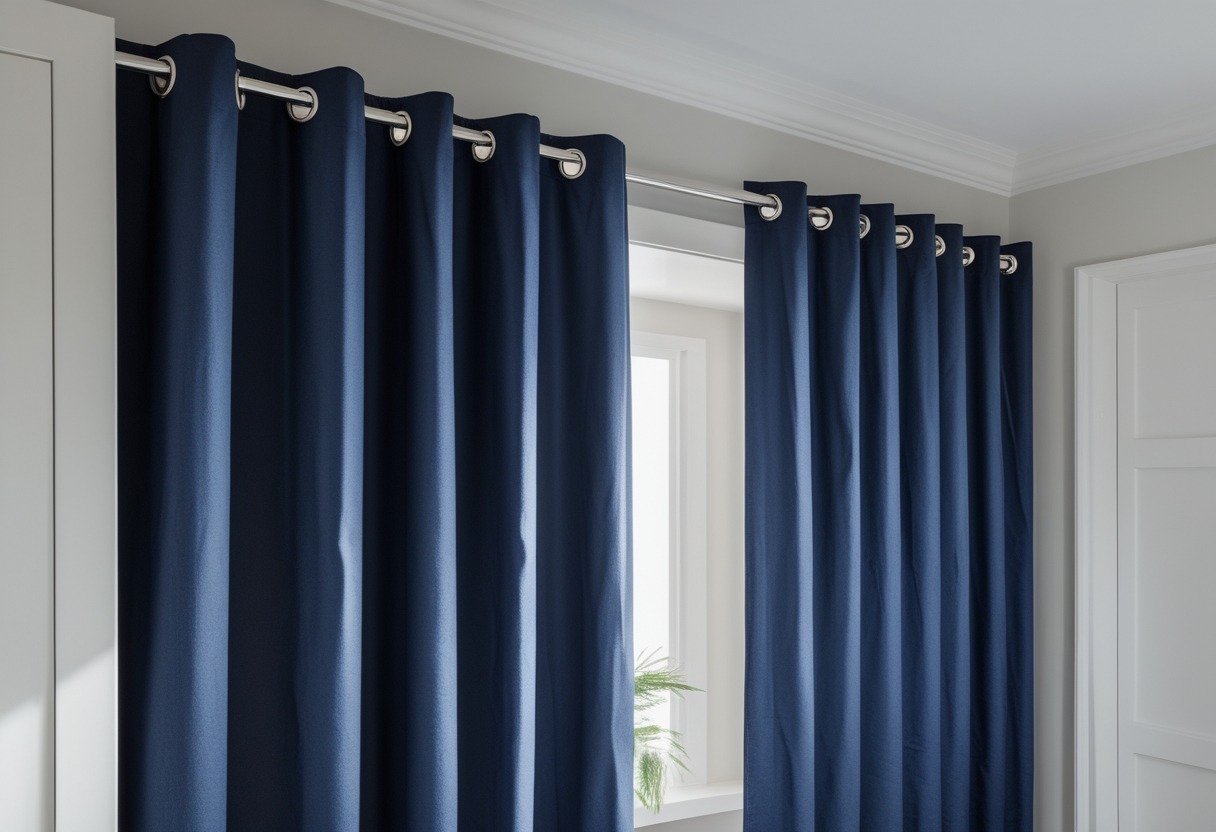 Navy blue grommet-top curtains covering closet doors in a bright bedroom.