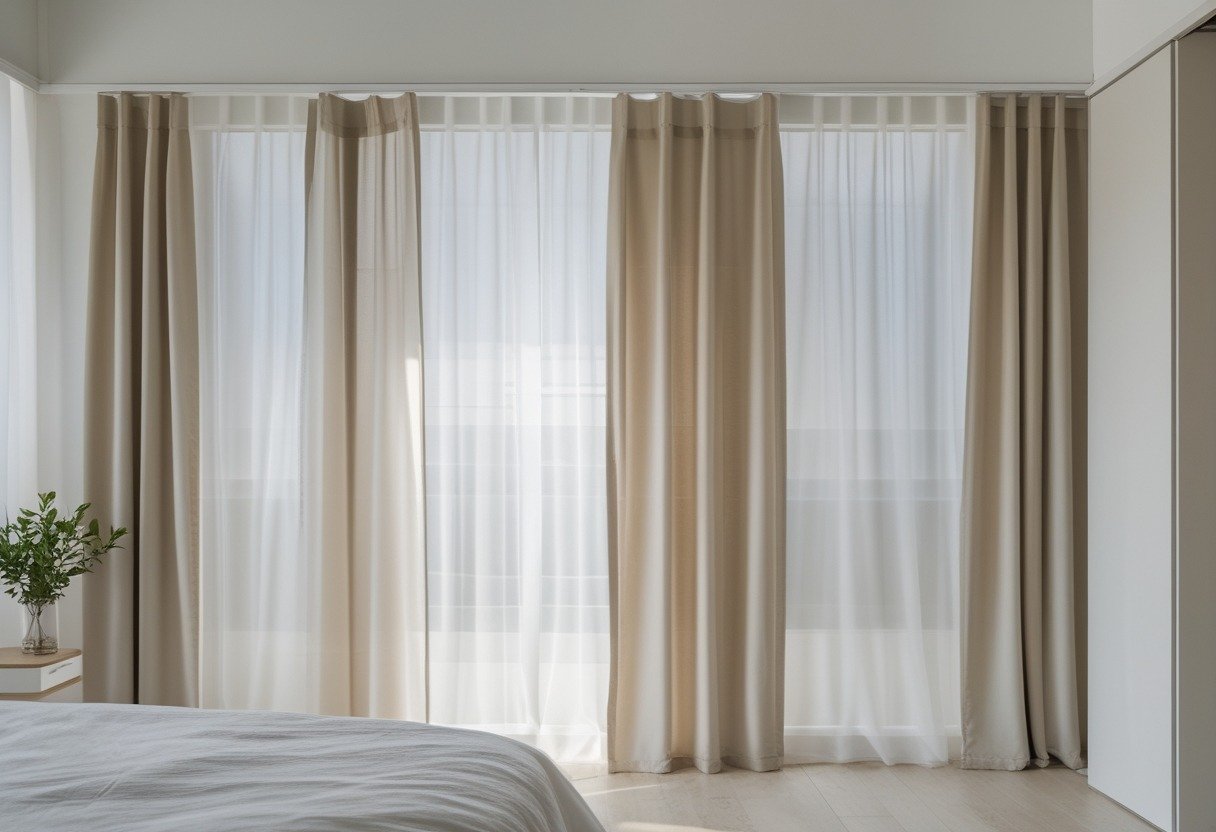 Bedroom closet doors with layered curtains, featuring a sheer inner panel and an opaque outer drape.