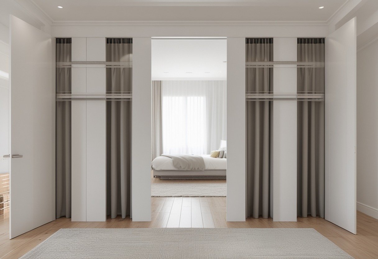 A bedroom with wide closet openings featuring sliding pocket curtains recessed into the wall, partially covering the closet space.
