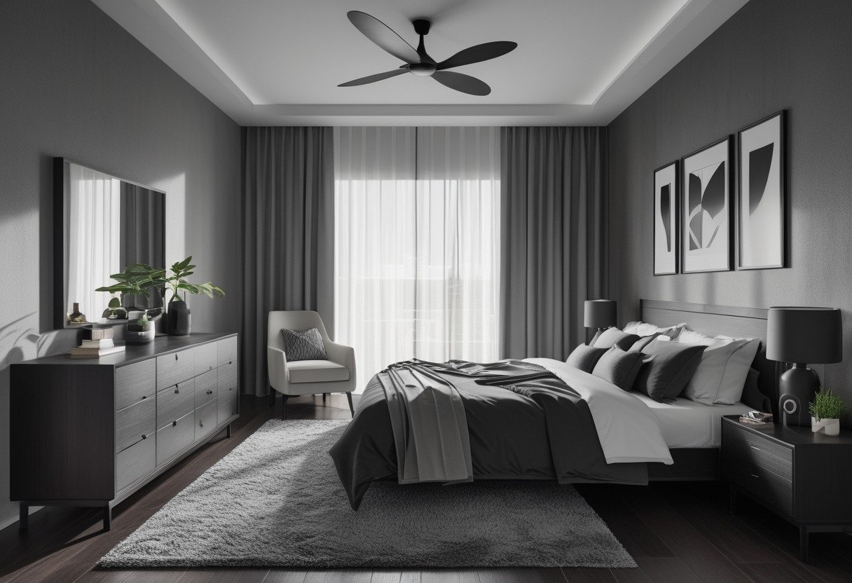 A bedroom with dark wood furniture, black and white bedding, grey walls, and soft natural light coming through sheer curtains.