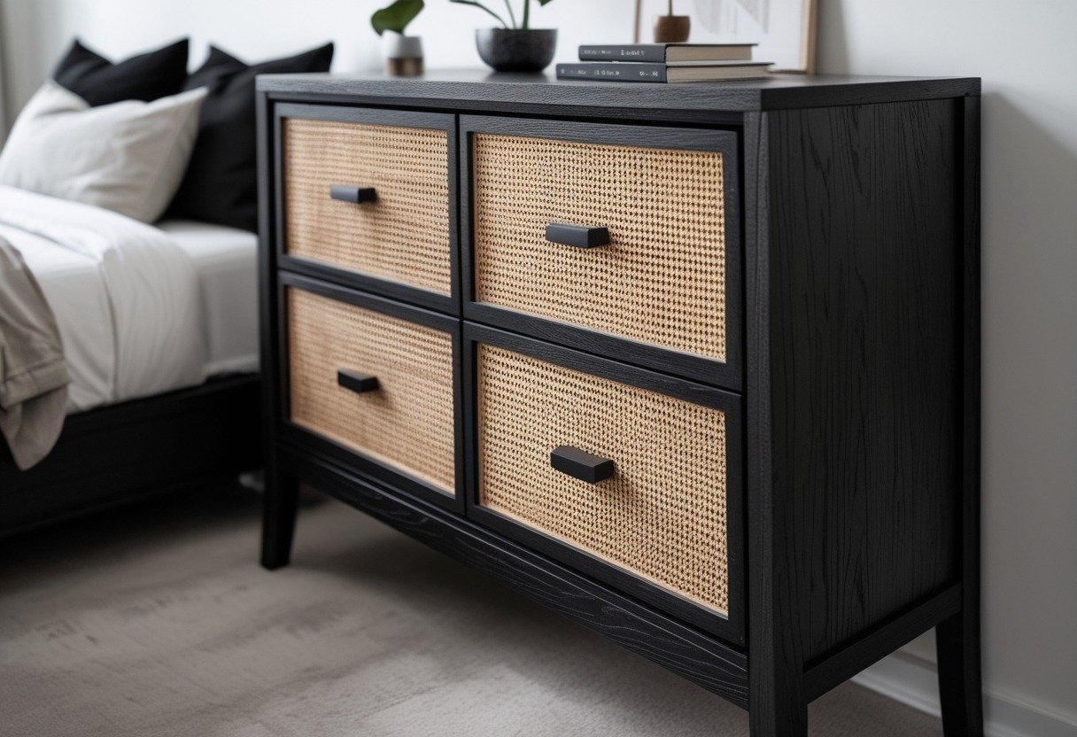 A bedroom with a dark wood dresser featuring cane insets and black drawer pulls, surrounded by other dark wood furniture and neutral decor.