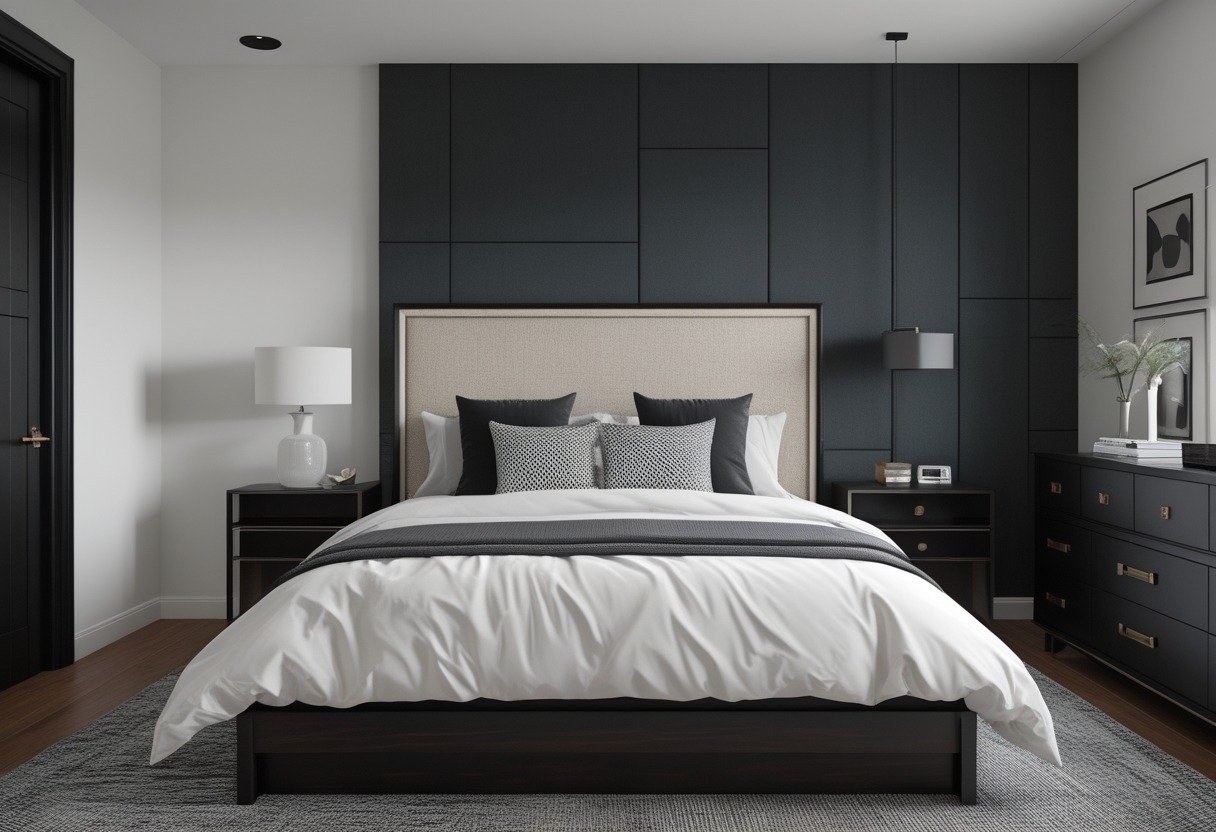 A bedroom with a black-framed linen headboard against a dark charcoal wall and dark wood furniture.