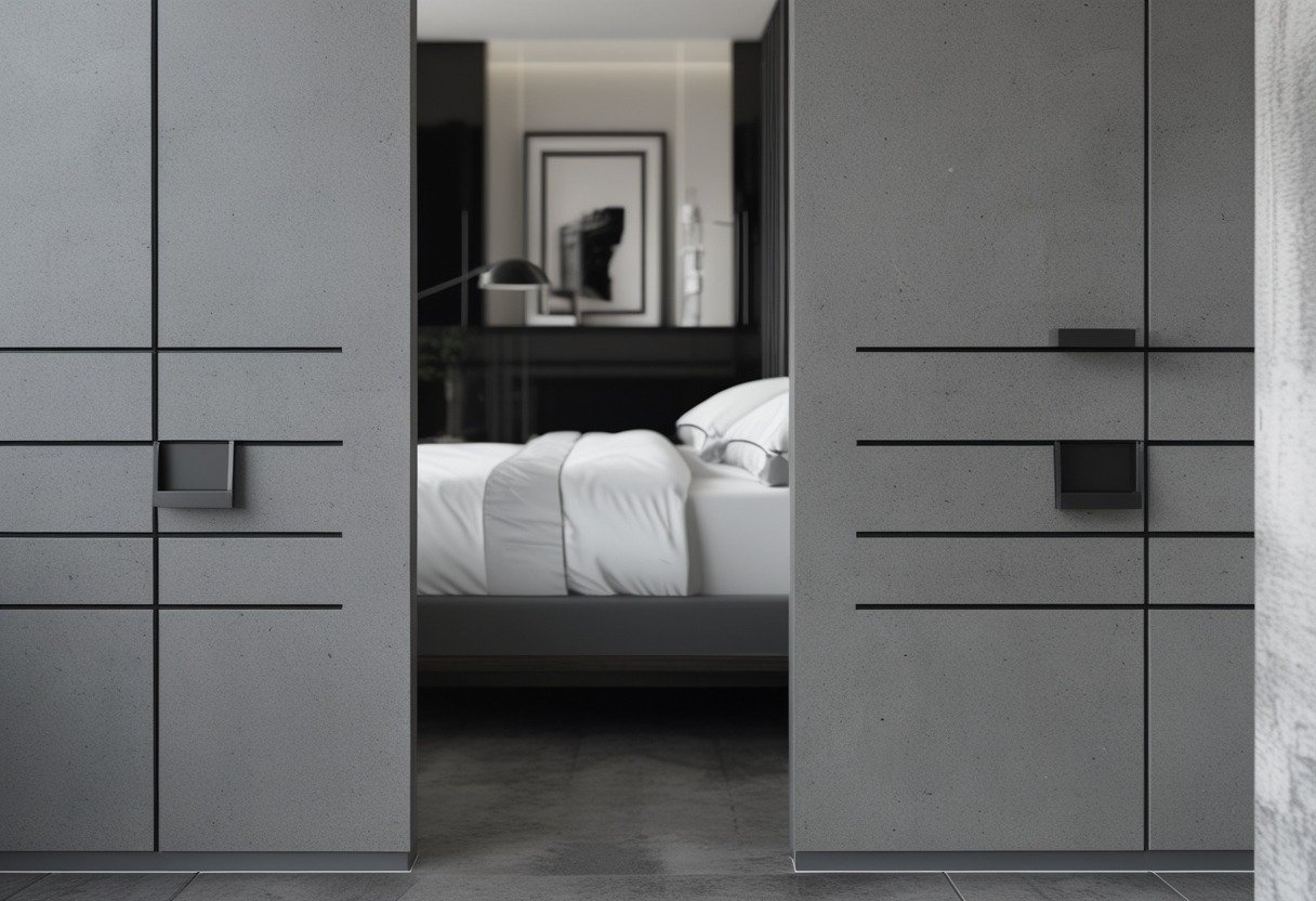 A bedroom with light grey nightstands with black handles next to a bed with dark wood furniture, featuring a black and white color scheme.