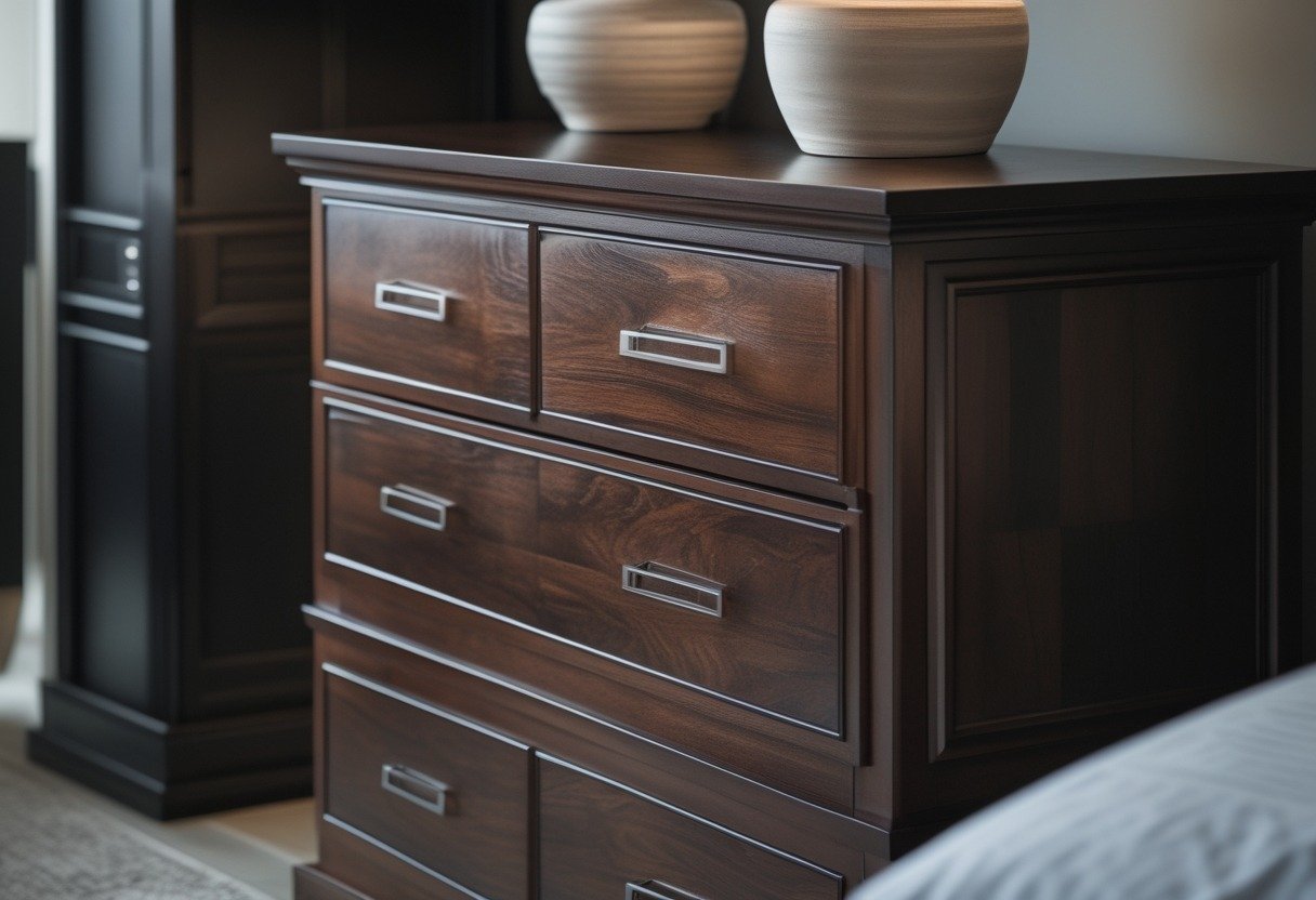 A dark mahogany four-drawer chest topped with a sculptural ceramic lamp in a bedroom.