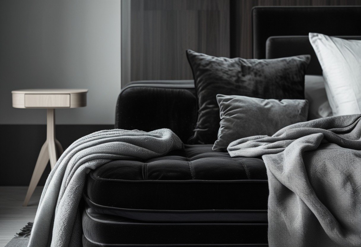 A black velvet chaise with a grey throw blanket next to a pale wood side table in a bedroom with dark wood furniture.