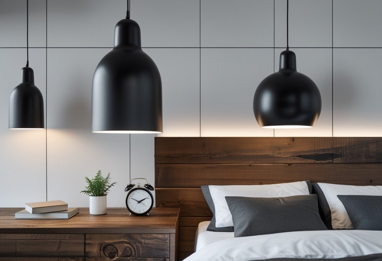 Bedroom with matte-black pendant lights hanging over dark wood bedside tables next to a bed.