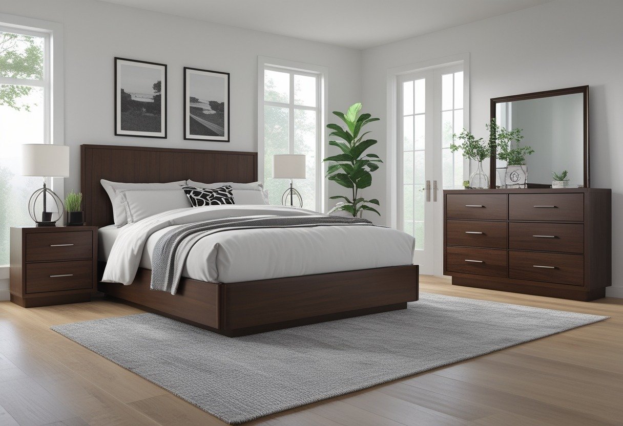 Bedroom with a low-profile dark wood bed on a grey textured rug, dark wood furniture, and neutral bedding.