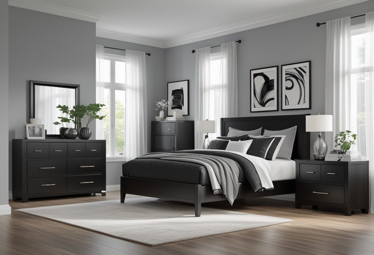 A bedroom with a bed, dark wood furniture, grey walls, and black and white bedding under natural light.
