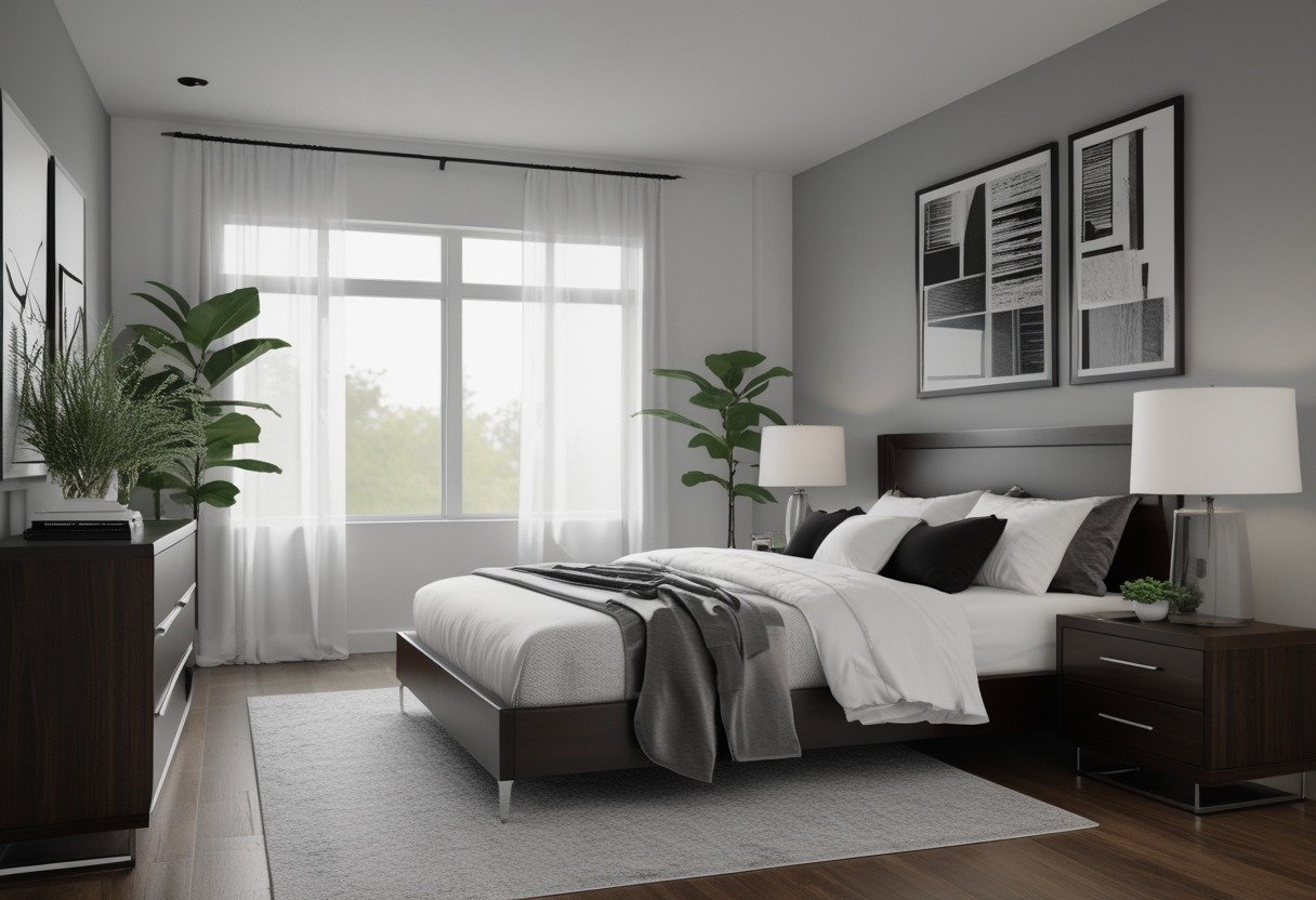 A bedroom with dark wood furniture, white and grey bedding, black and white artwork on the walls, and natural light coming through windows.