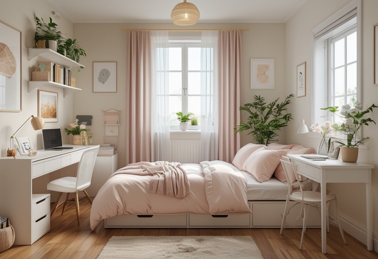A small, neatly arranged bedroom with a bed, desk, bookshelf, and decorative plants and flowers.