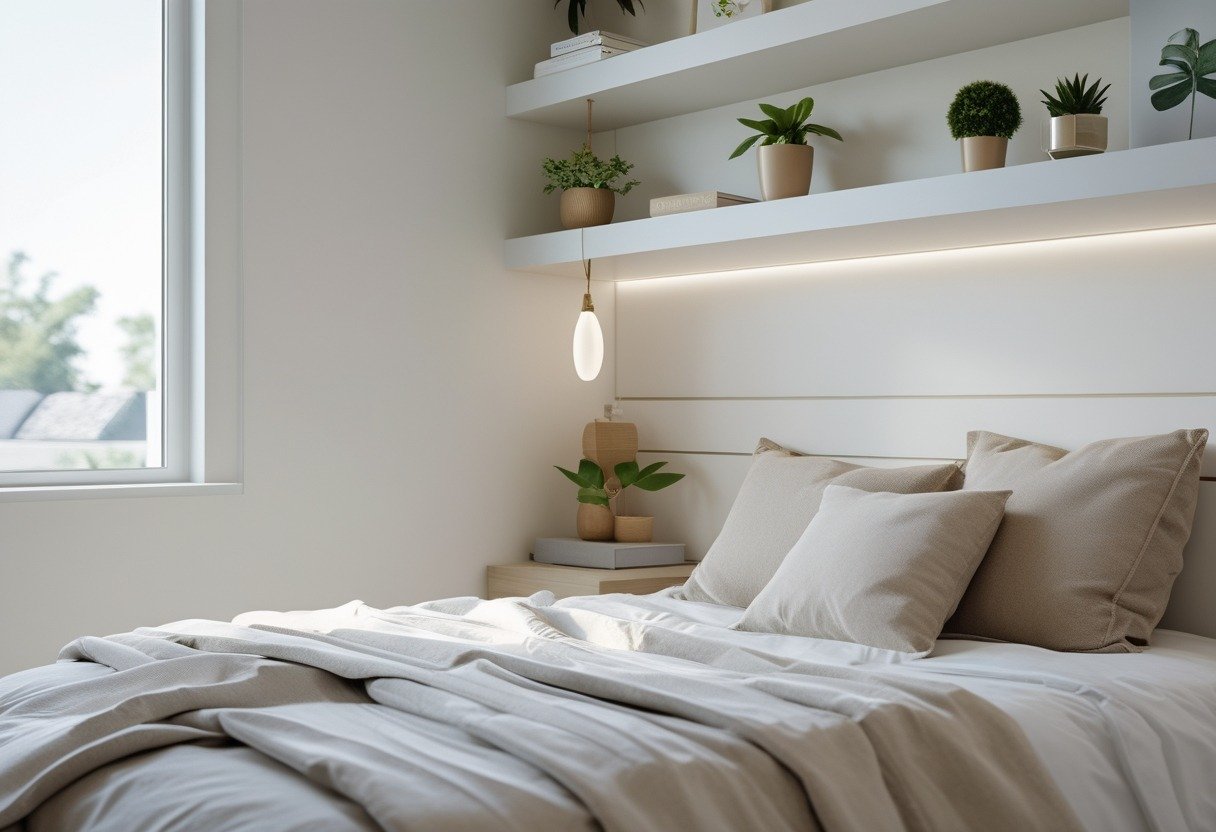 Small bedroom with a bed and floating shelves above it holding plants and books.