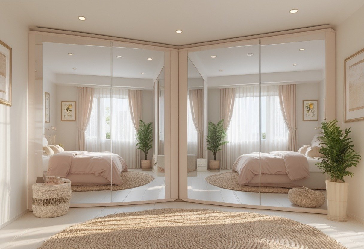 A small bedroom with a full-length mirror that reflects the room, making it appear larger and brighter.