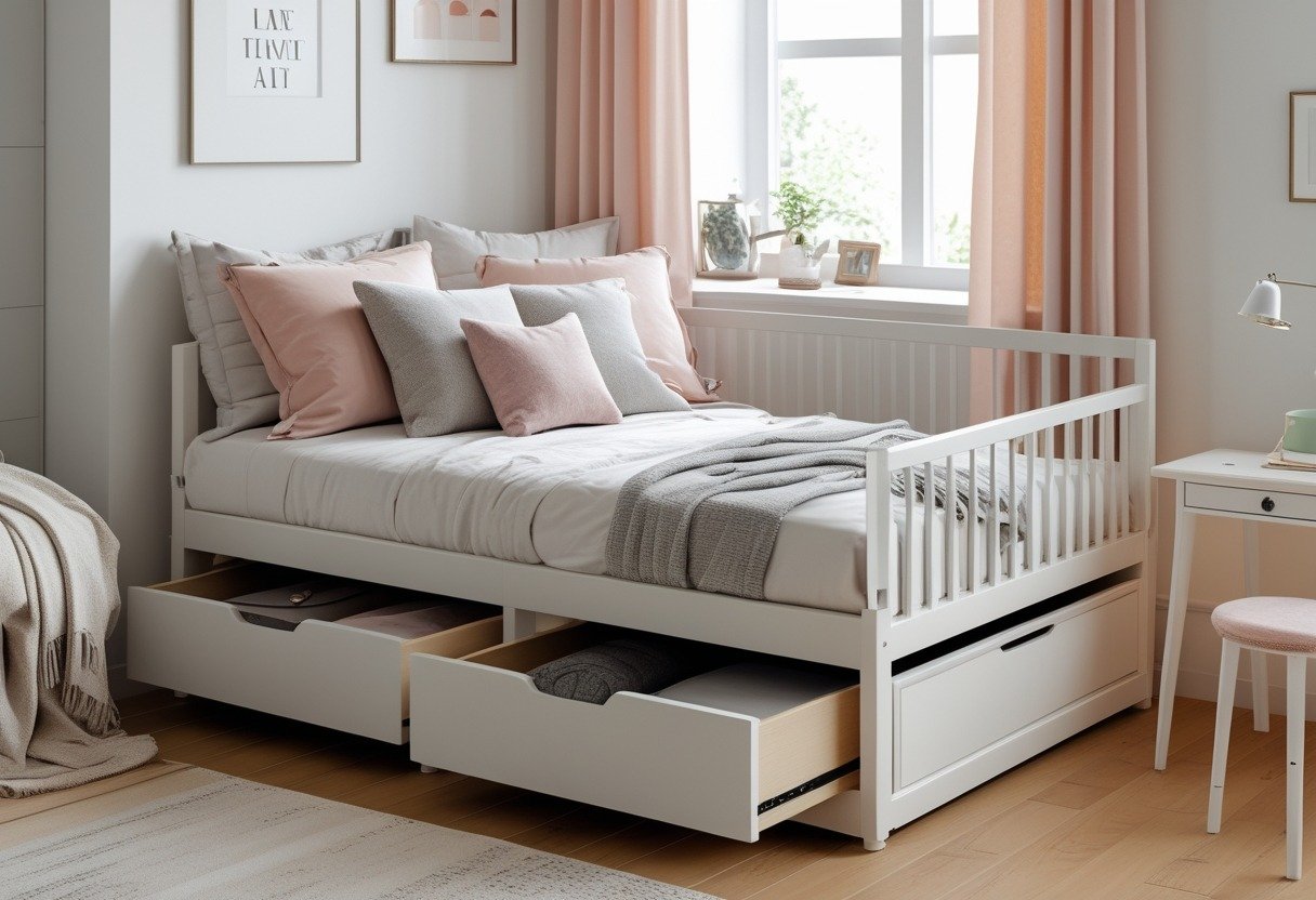 A small bedroom with a daybed featuring under-bed drawers, natural light, and feminine decor.