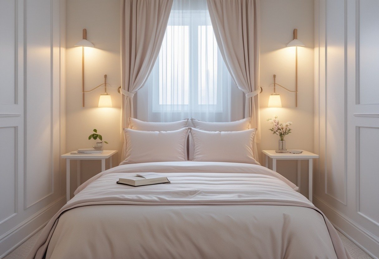 A small bedroom with a bed and wall-mounted sconces above bedside tables that are free of clutter.