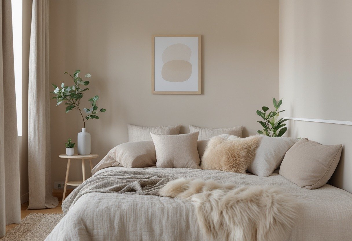A small bedroom with a bed covered in linen and faux fur throws, a bedside table, a potted plant, and soft natural lighting.