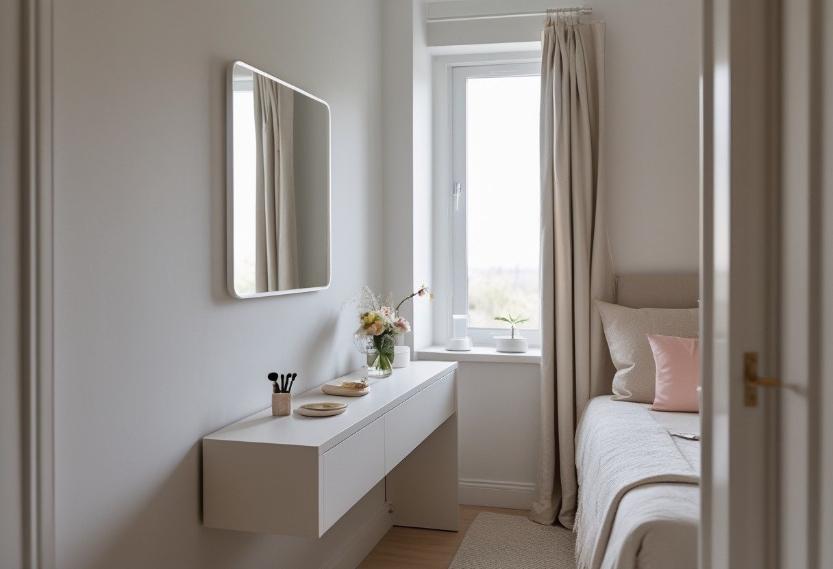 A small bedroom corner with a slim console table and a rectangular mirror above it, featuring decorative items and soft natural lighting.