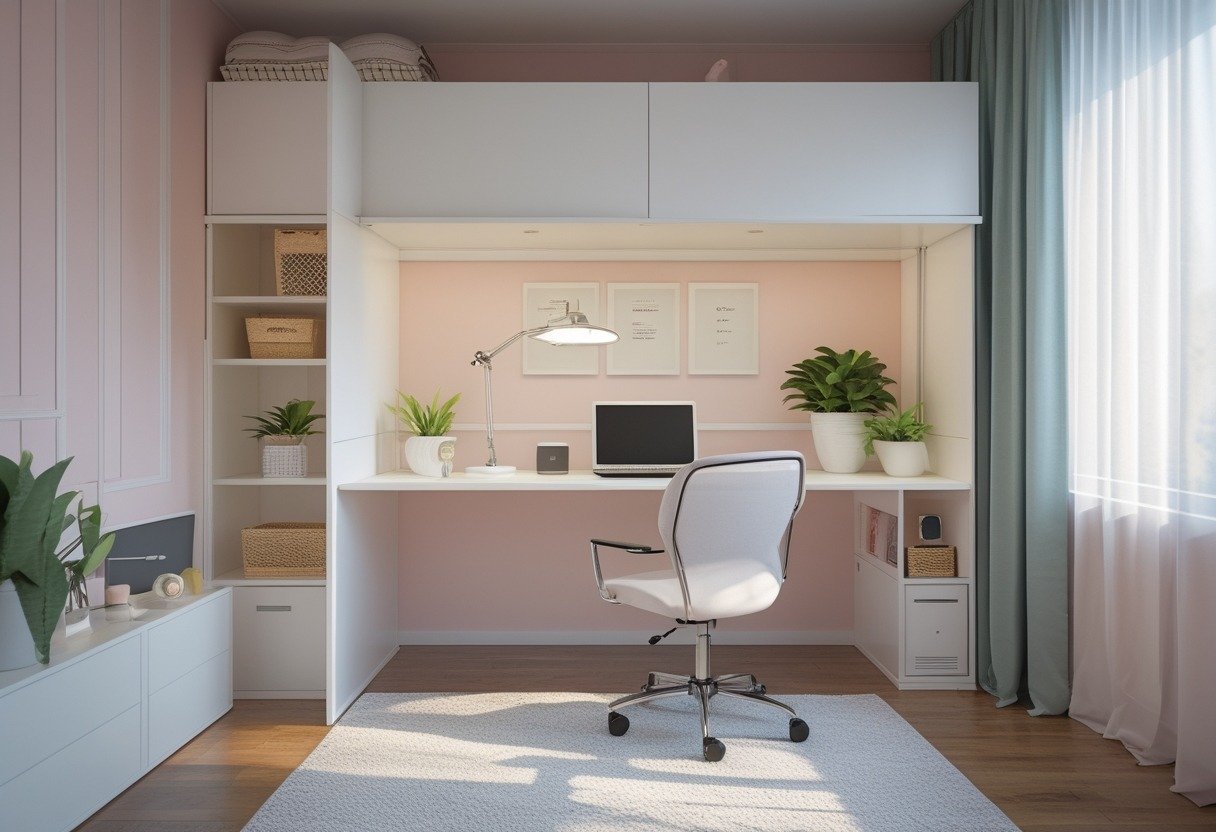 Small bedroom with a Murphy bed folded up to reveal a workspace with a desk, chair, and laptop.