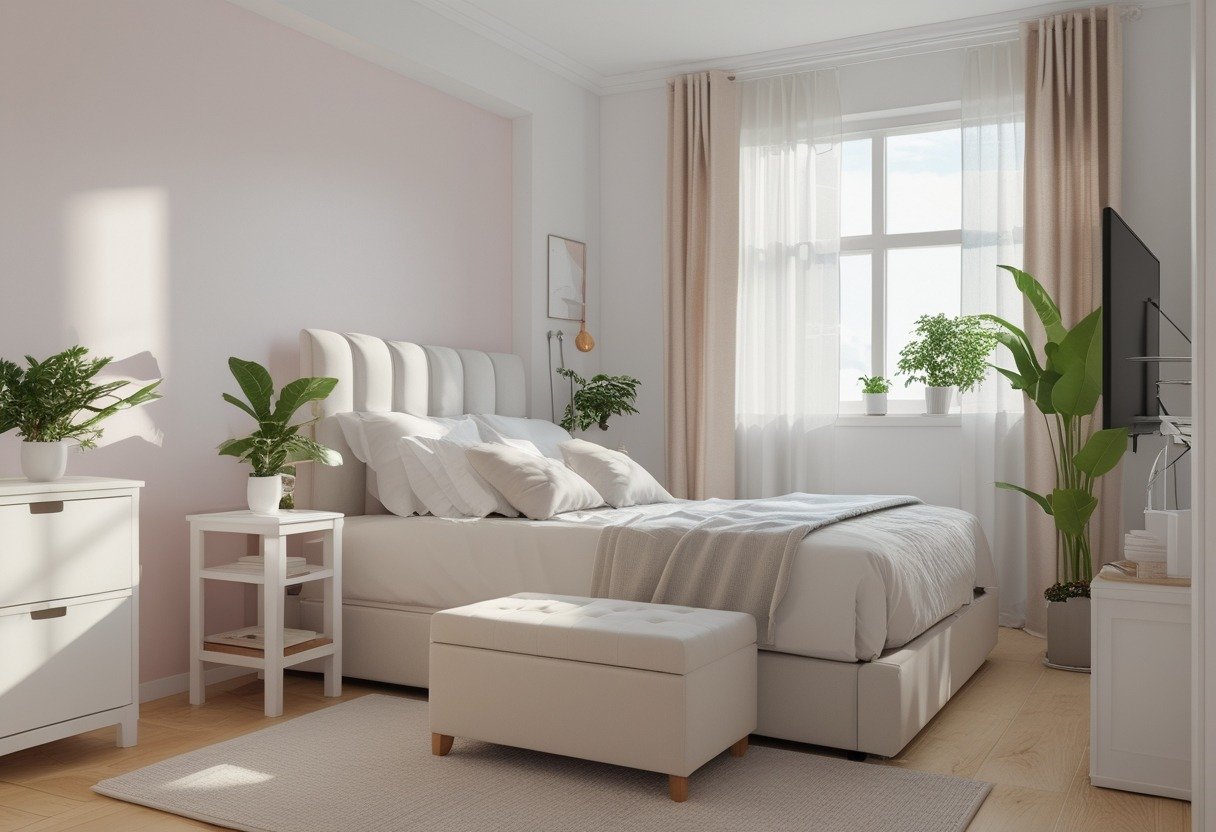 A small bedroom with a bed and a light-colored ottoman with hidden storage at its foot, decorated with plants and soft natural light.