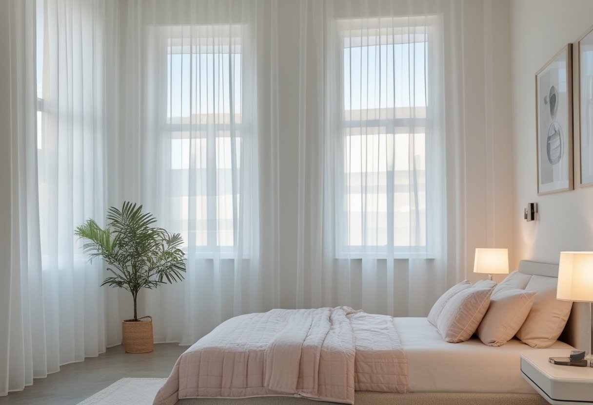 A small bedroom with sheer white curtains hung high near the ceiling, a neatly made bed, bedside table with lamp, and natural light filling the room.
