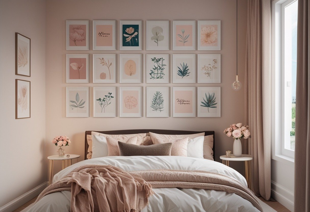 A cozy bedroom corner with a gallery wall of 13 small framed prints above a bed, decorated with soft colors and feminine touches.
