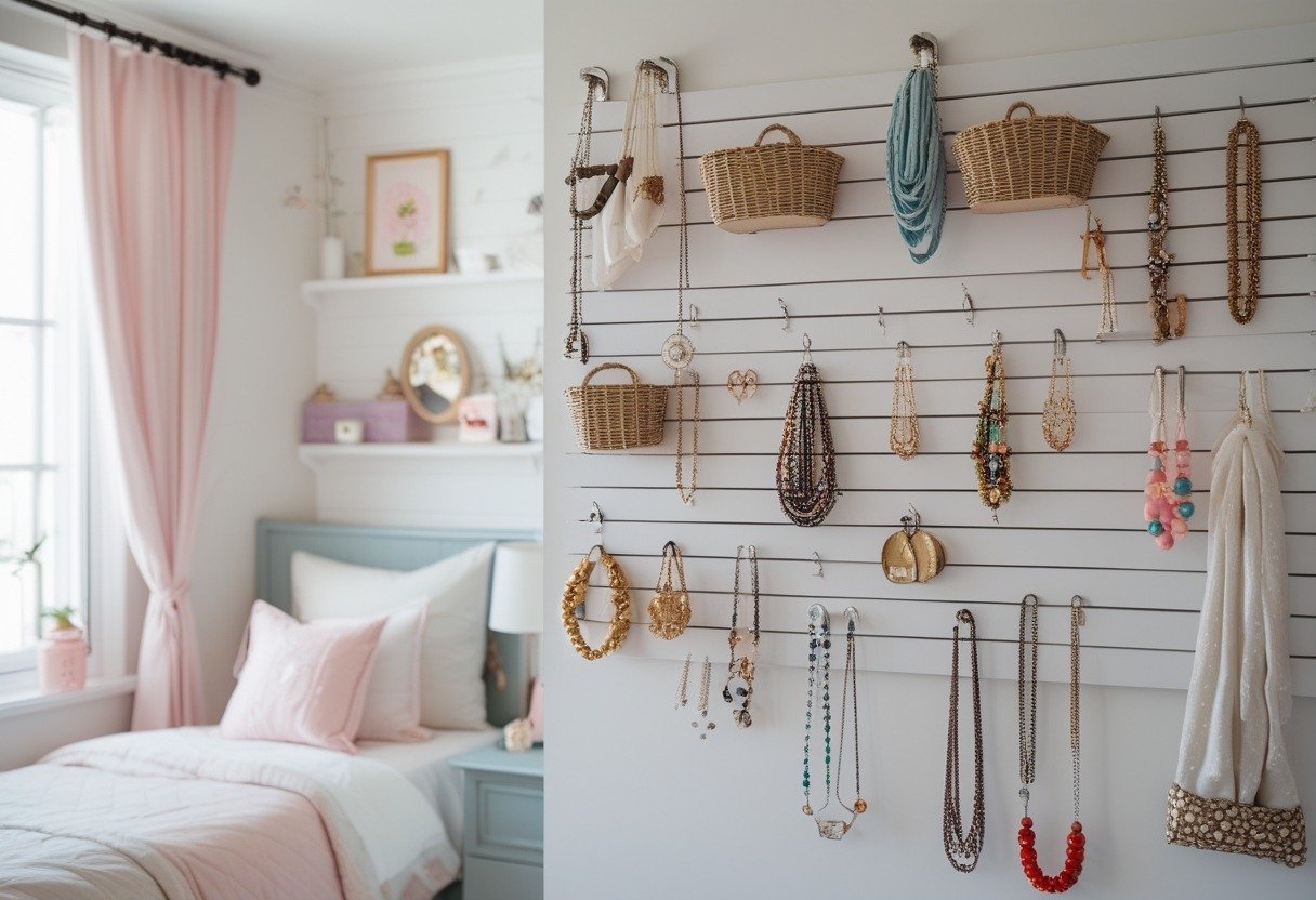 Small bedroom with a pegboard or slatwall organizing jewelry and accessories on the wall.