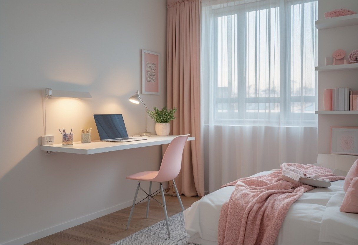 A bedroom corner with a slim floating desk holding a laptop, lamp, and small plant, next to a bed with cushions and a bookshelf.
