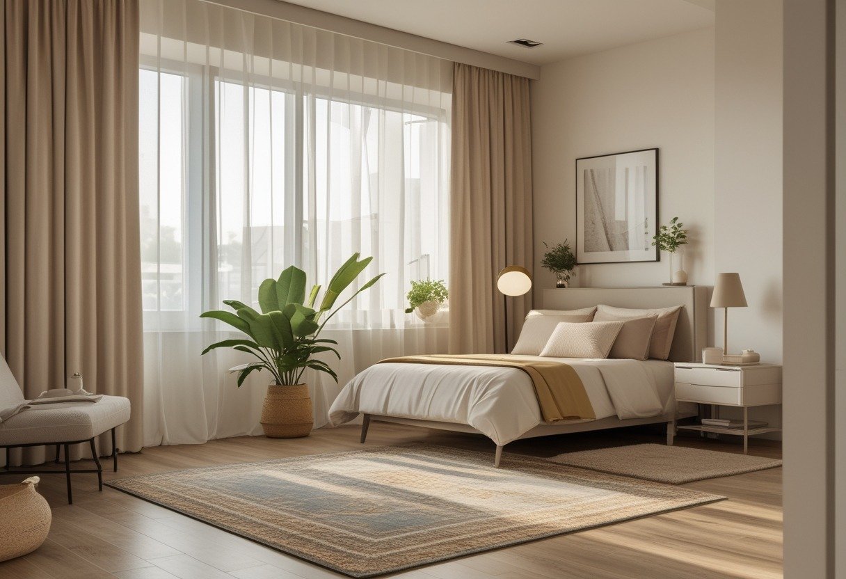 A small bedroom with a bed and an area rug that defines separate zones, including a seating nook, with natural light and soft decor.