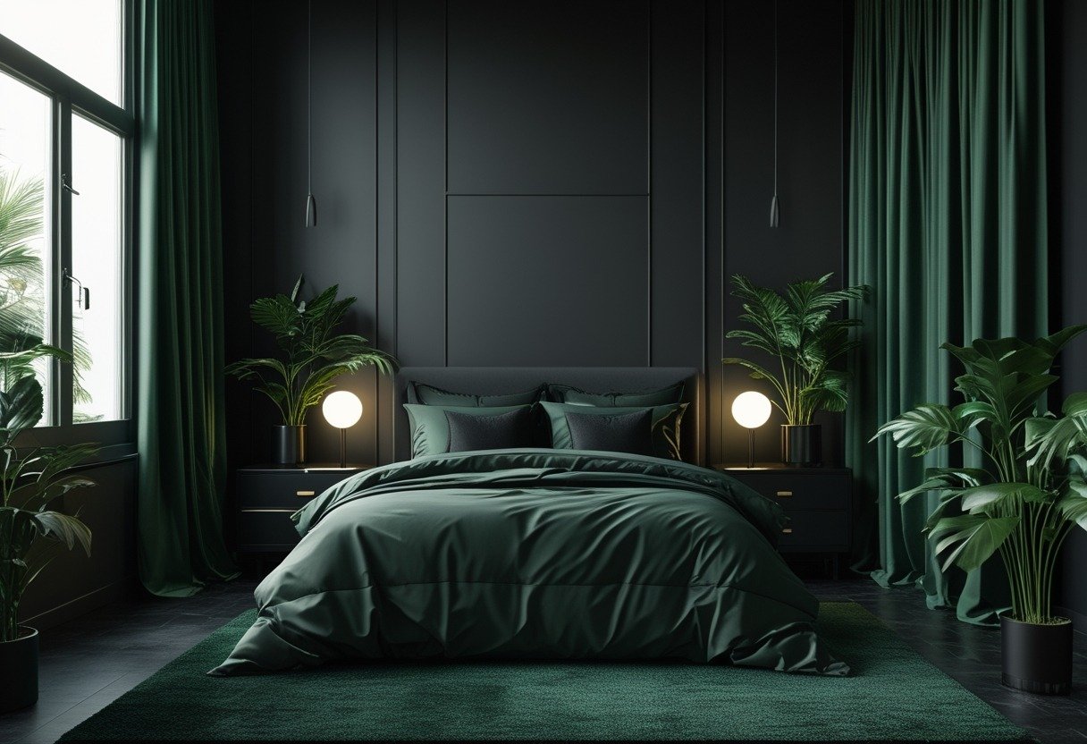 A bedroom with a large bed, dark green bedding, black walls, dark green curtains, indoor plants, and bedside tables with lamps.