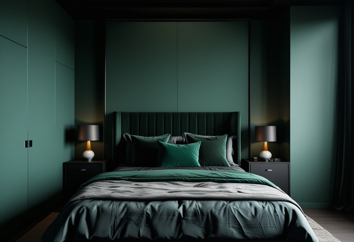 A bedroom with a forest-green accent wall and matte black trim, a bed with dark green and black bedding, and black furniture.