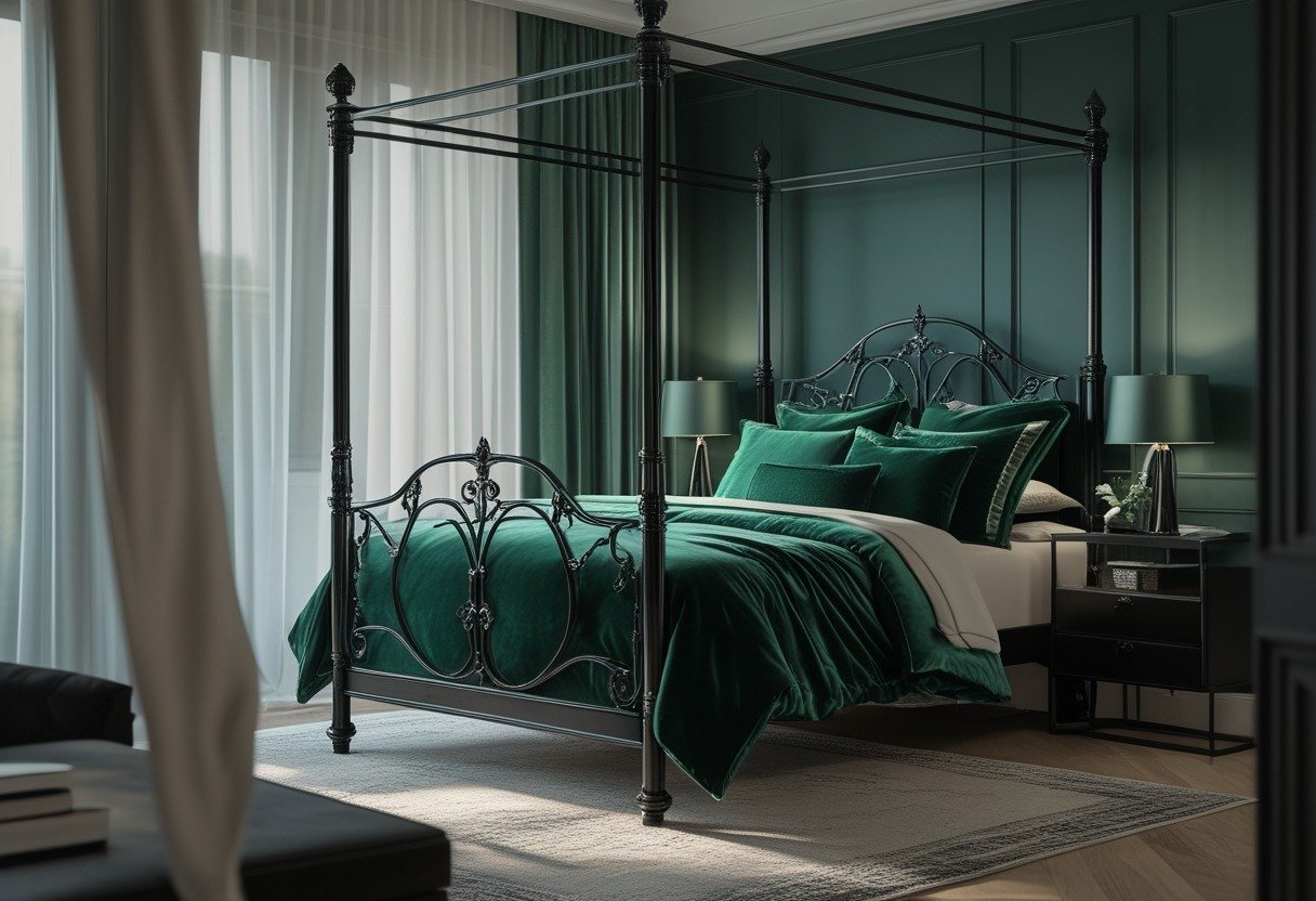 A bedroom with a black iron four-poster bed dressed in emerald green velvet bedding.