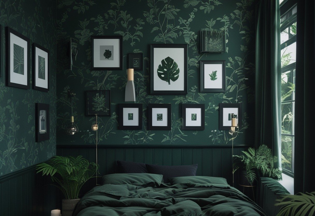 A bedroom with dark green botanical wallpaper and black picture frames on the wall.