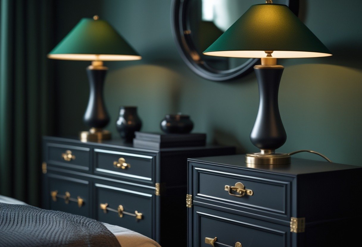 Two matte black nightstands with brass handles, each holding a lamp with a deep green shade in a bedroom setting.