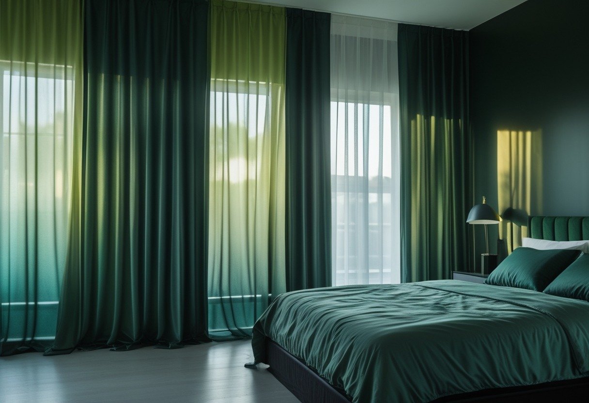 A bedroom with gradient green curtains fading into black at the bottom, dark green bedding, and black furniture.