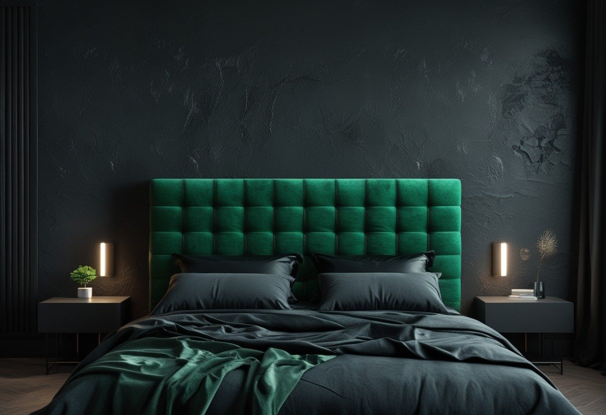 A bedroom with an emerald green velvet headboard against a black textured wall and a neatly made bed with dark bedding.