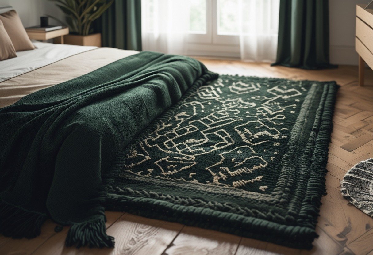 Layered black Moroccan rug over a deep green wool rug on a wooden floor in a bedroom corner.