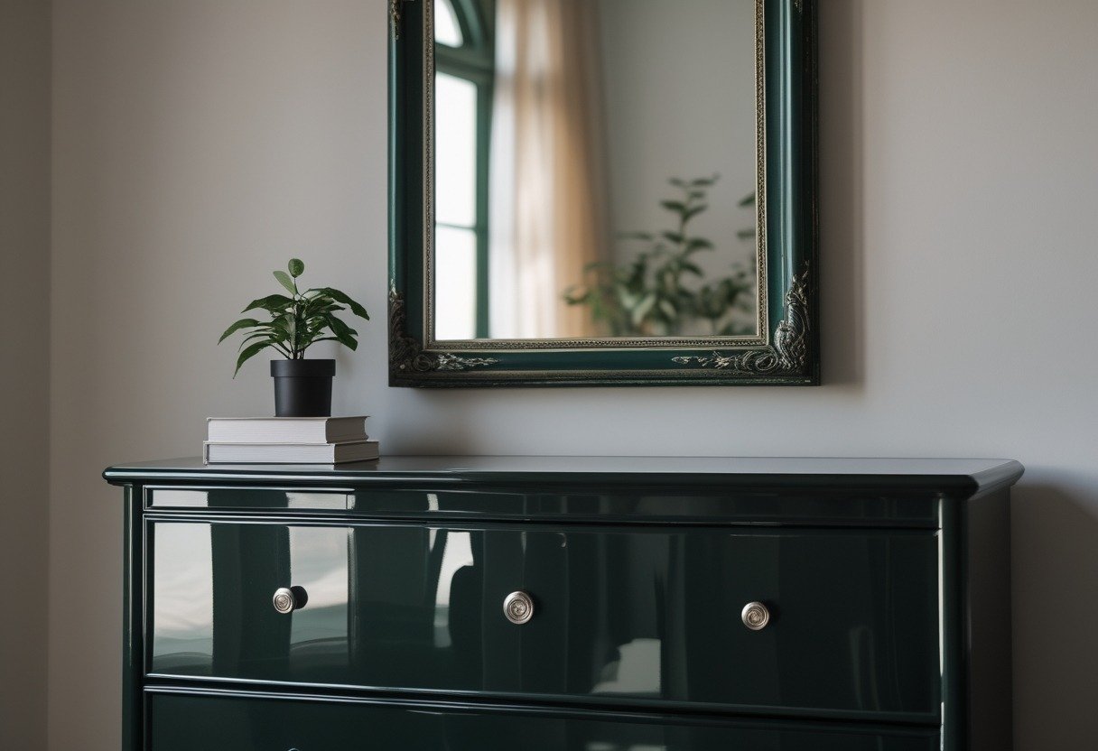 A black dresser with a dark green vintage mirror hanging above it in a bedroom corner.