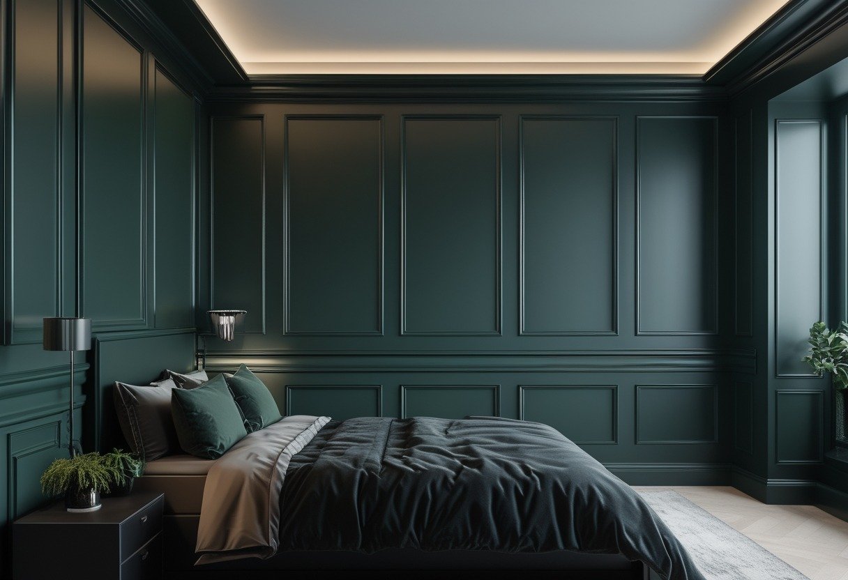 Bedroom with dark green paneling on the walls topped by black crown molding, featuring a bed and bedside furniture.